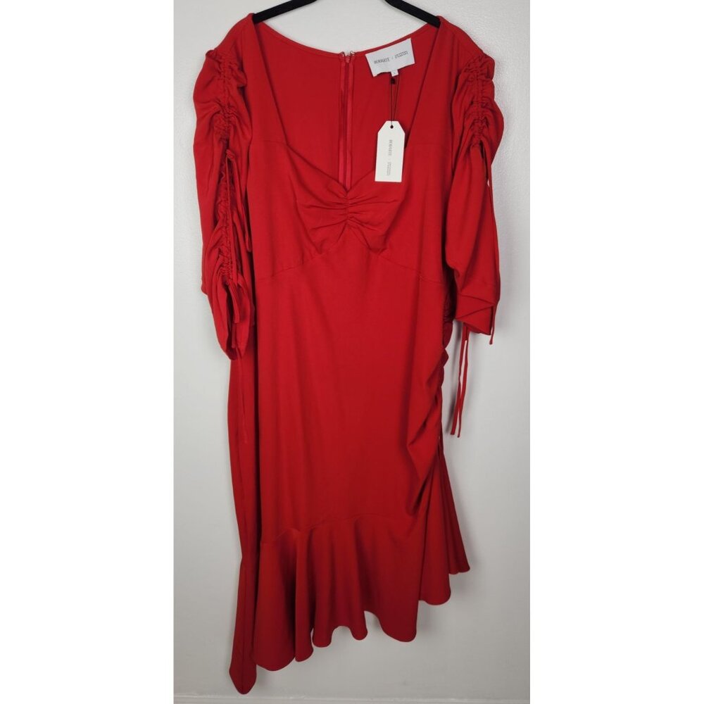 RODARTE X UNIVERSAL STANDARD Sz. L Red Ruched Tie Sleeve Asymmetric Ruffle Dress